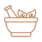 Herbal mortar and pestle icon for 'Herbs First, Always'—symbolizing traditional plant-based healing and natural wellness.