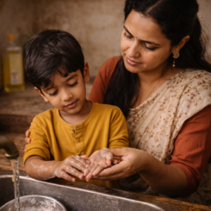 Indian mother gently examining her child’s soapy hands in a kitchen, showing concern after dish-washing irritation.