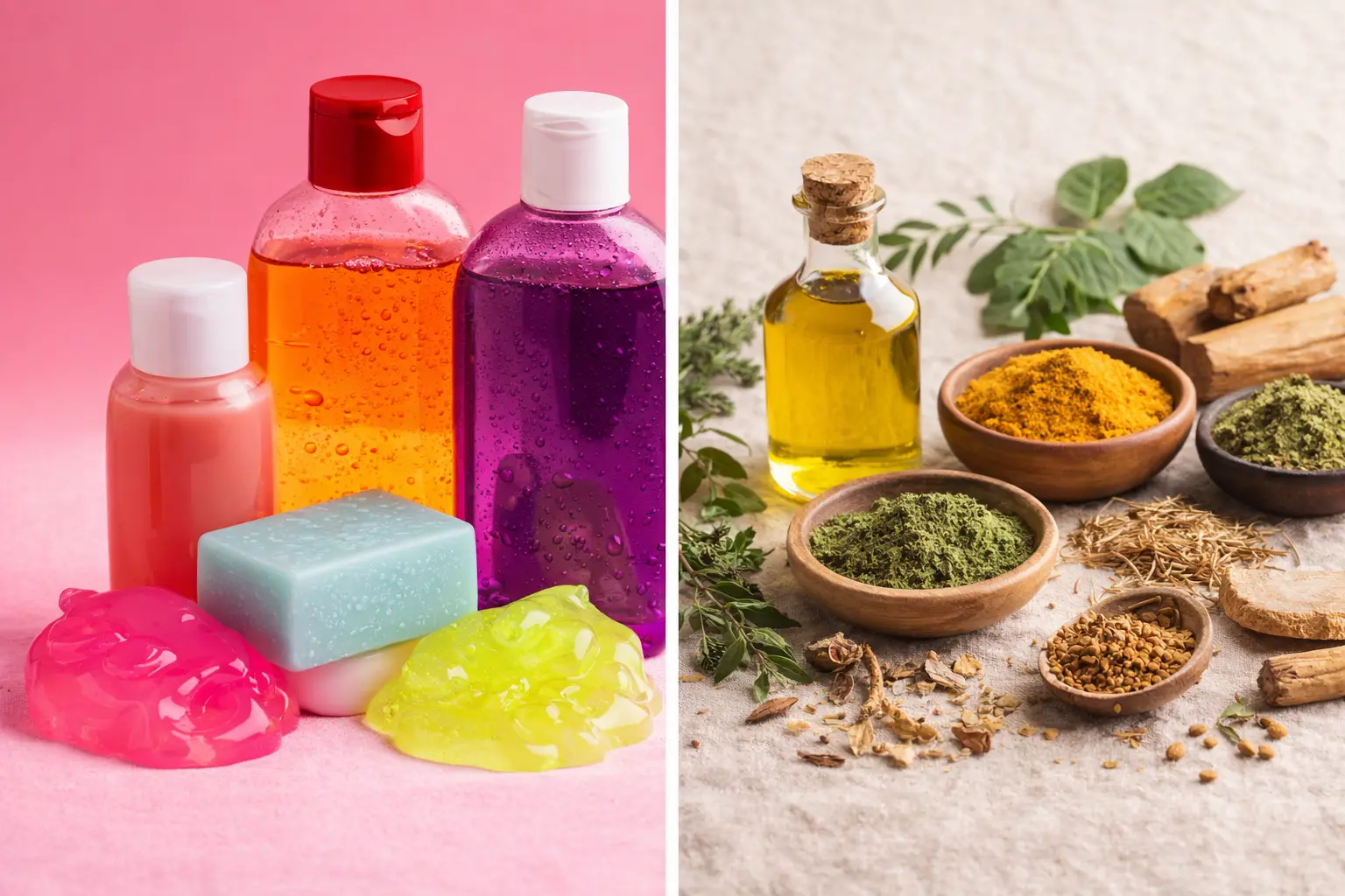 A split comparison showing synthetic, colourful cosmetic products on the left and natural Ayurvedic ingredients like oils, herbs, and powders on the right, highlighting the contrast between chemical skincare and botanical care.