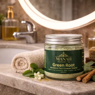 Manah Green Root Botanical Face Cleanse Powder placed on a luxury bathroom counter beside natural herbs and soaps, illuminated by an LED mirror