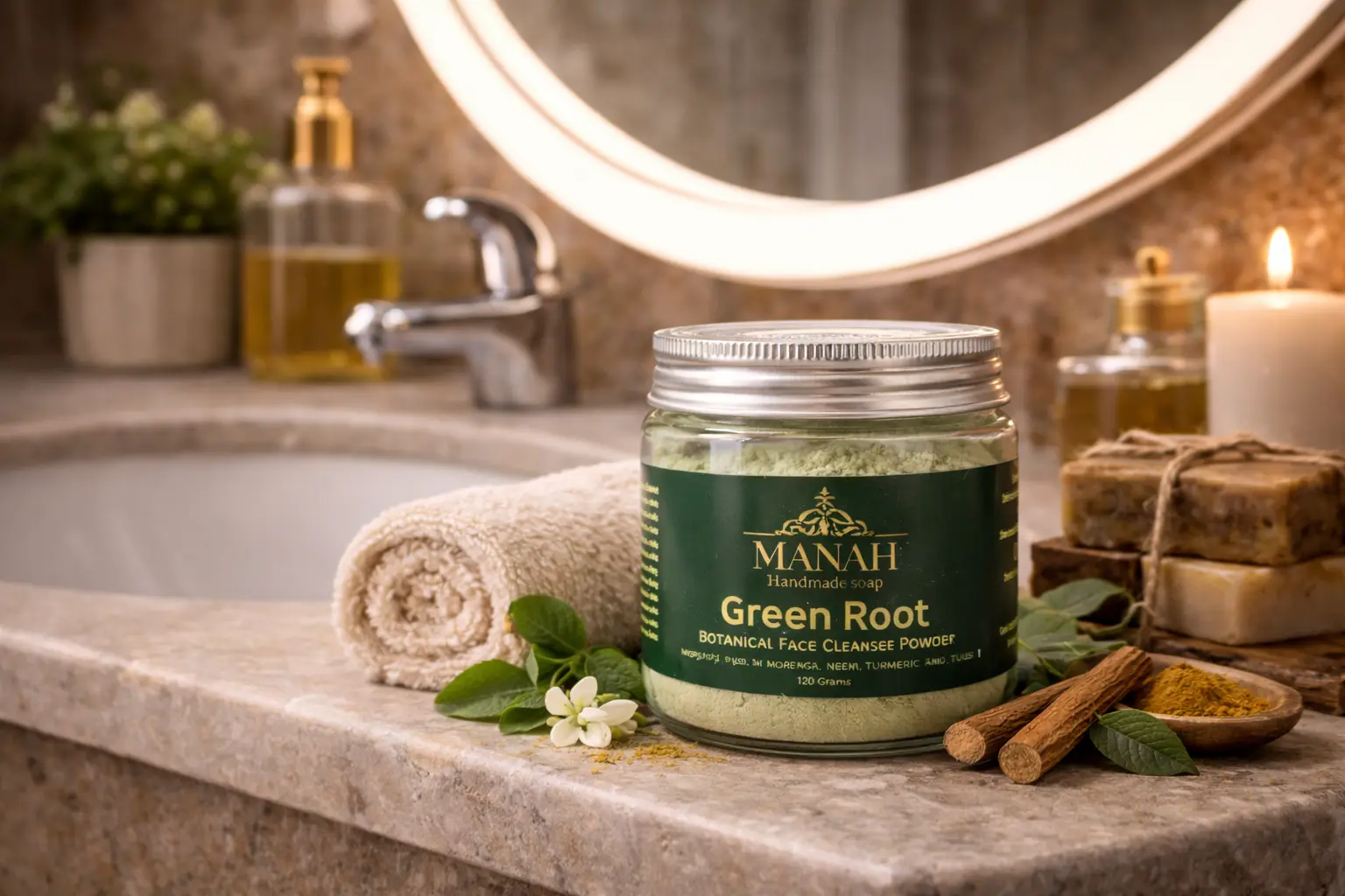 Manah Green Root Botanical Face Cleanse Powder placed on a luxury bathroom counter beside natural herbs and soaps, illuminated by an LED mirror