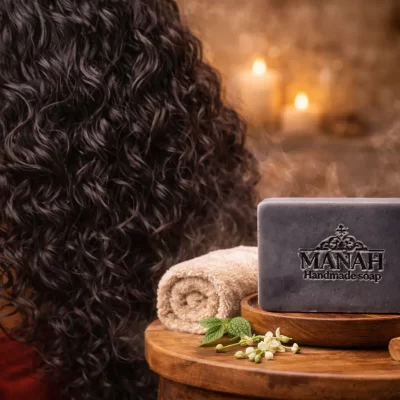Herbal Lush Shampoo Bar placed beside long, curly black hair in a premium spa-like setup