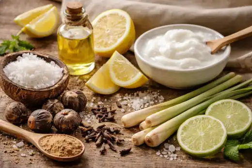 Natural ingredients like lemon, lemongrass, clove, salt, and soapnut used in Manah products