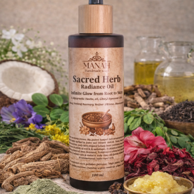 Bottle of Manah Sacred Herb Radiance Oil surrounded by Ayurvedic herbs such as Nagarmotha, Jatamansi, Anantmool, Brahmi, Bhringraj, Rosemary, Vetiver, Hibiscus, Fenugreek, Shankpushpam, Avarampoo, and ghee-infused cold-pressed almond and sesame oils, highlighting its natural skin-nourishing and rejuvenating formula.