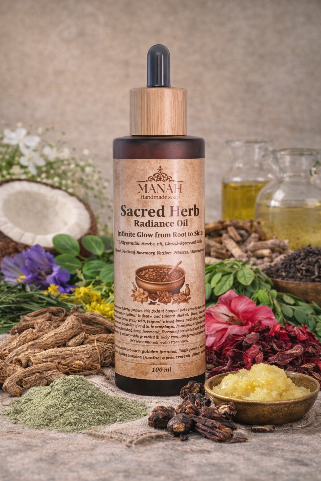 Bottle of Manah Sacred Herb Radiance Oil surrounded by Ayurvedic herbs such as Nagarmotha, Jatamansi, Anantmool, Brahmi, Bhringraj, Rosemary, Vetiver, Hibiscus, Fenugreek, Shankpushpam, Avarampoo, and ghee-infused cold-pressed almond and sesame oils, highlighting its natural skin-nourishing and rejuvenating formula.
