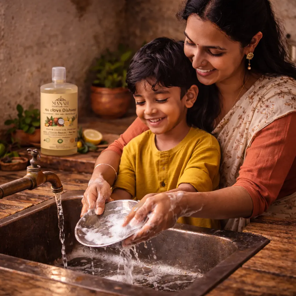 Mother and son washing dishes together in a rustic kitchen with Manah Citrus Clove Dishwash placed on the counter.